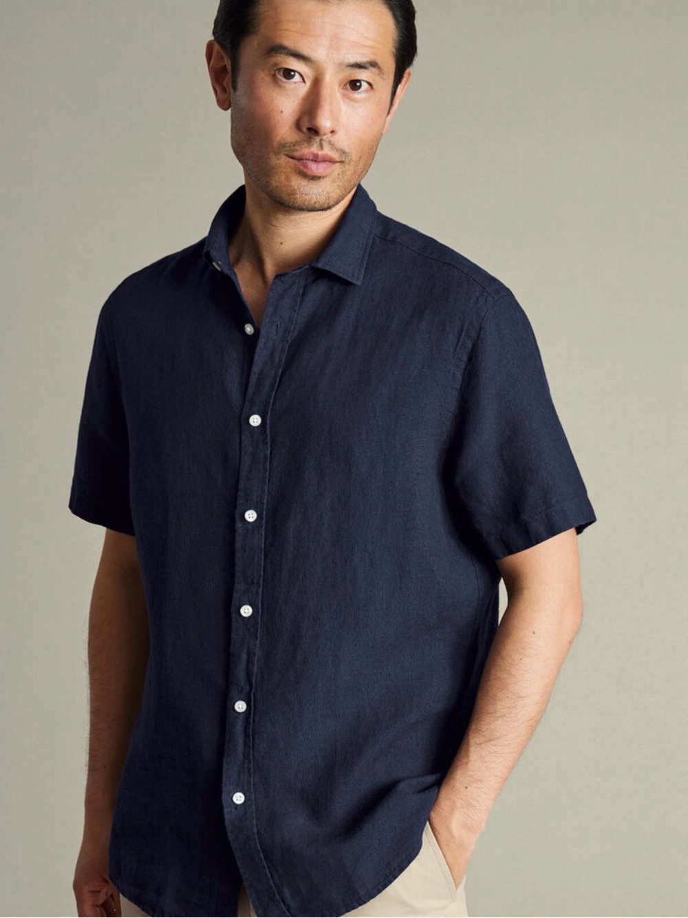 Charles Tyrwhitt Navy blue ss pure linen slim fit shirt - M - Picture 2 of 7